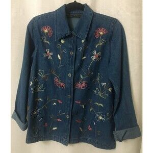 Vintage New Identity Denim Jacket Shirt Floral Embroidery Women's S/M Cotton